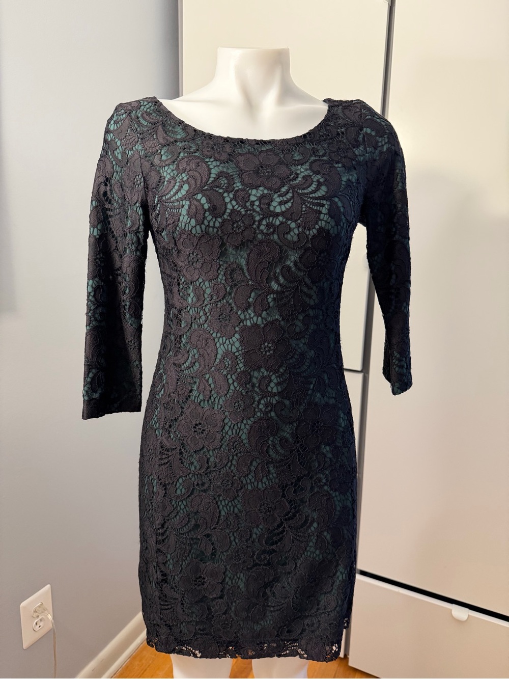 Black Lace Long-Sleeve Sheath Dress with Teal Underlayer
